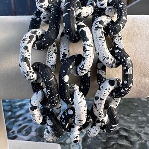 Statement Chunky Chain Necklace Black and White Splatter Painted Toggle Clasp‎